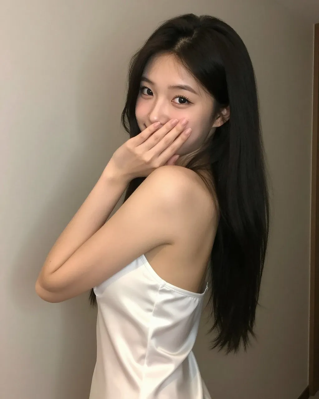 흰 슬립 원피스를 입은 여성