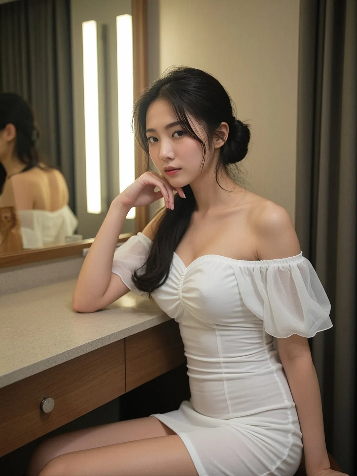 흰 오프숄더 원피스 차림으로 화장대에 기대 앉은 여성